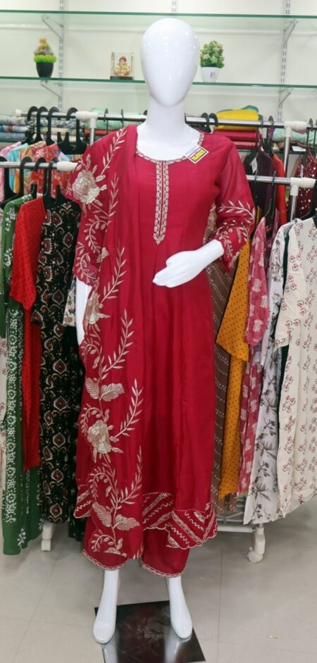 Maroon Embroidered Straight Kurti Set