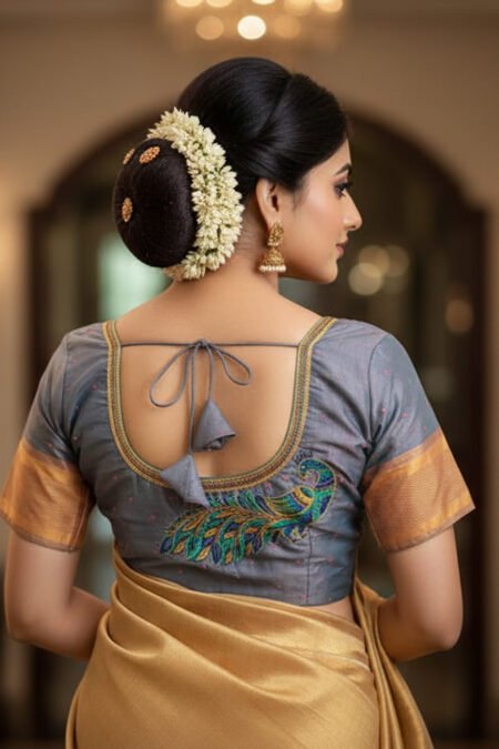 Aari Blouse - Grey with Peacock Design works