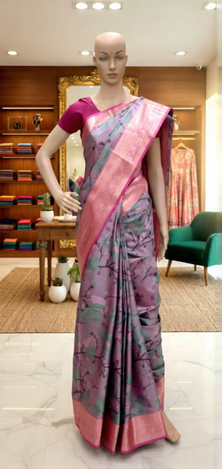 Saree -  Lavender body with pink border