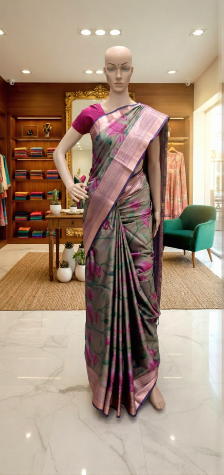 Saree -  Slate blue body with pink border