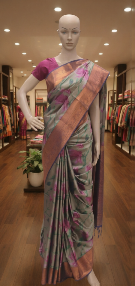 Saree - Grey body with copper-gold border