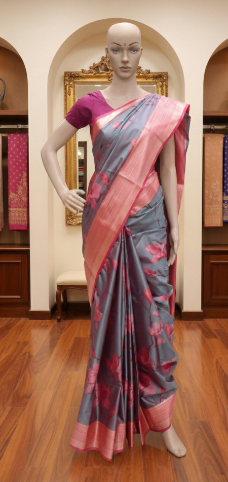 Saree - Taupe grey body with rose-pink border