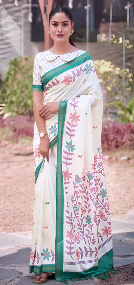 Ivory Floral with Teal Green Border