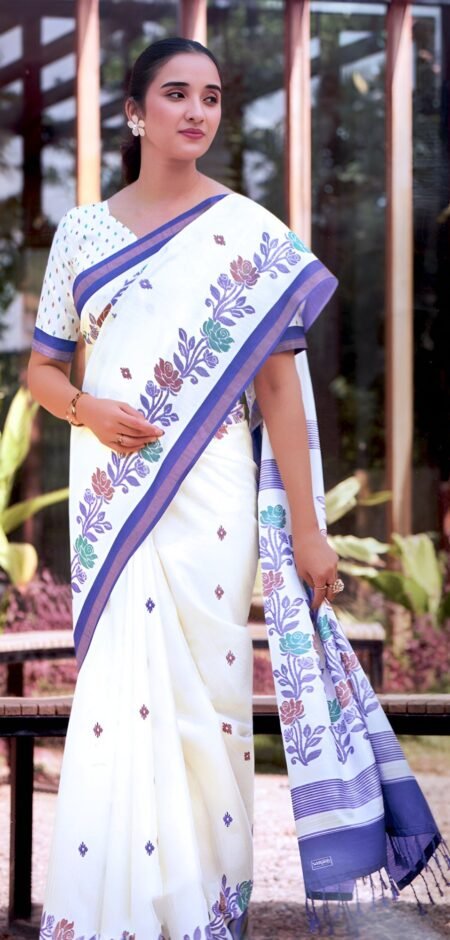 Ivory Floral with Royal Blue Border