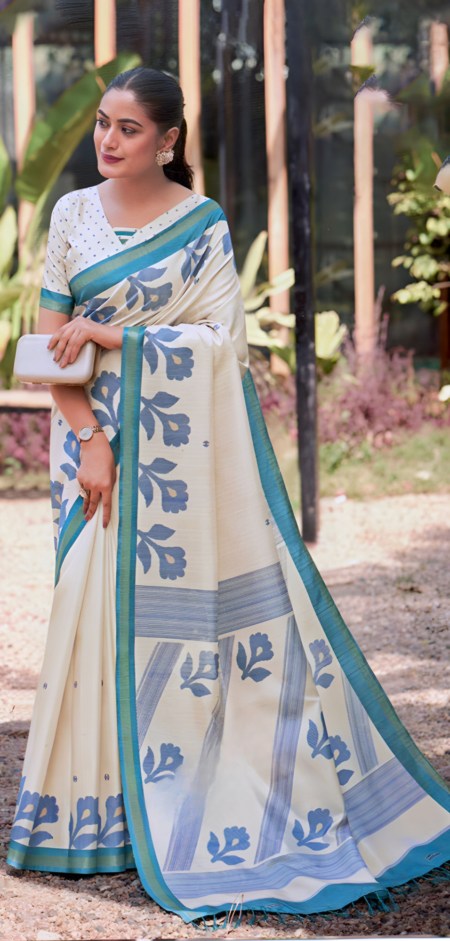 Cream Floral with Teal Blue Border