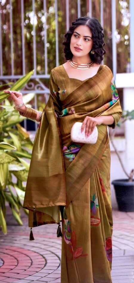 Elegant Olive Green Floral with Contemporary Blouse