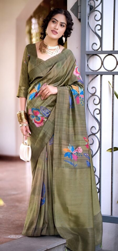 Elegant Olive Green Soft with Floral Motifs
