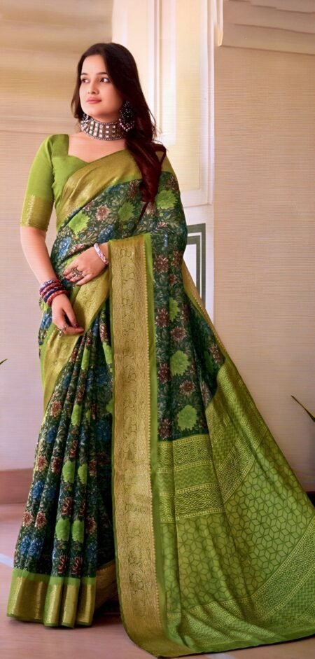 Traditional Green with Rich Zari Border & Floral Weaves