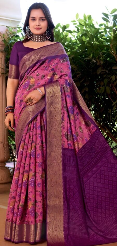 Elegant Pink & Purple with Rich Zari Border and Floral Weaves