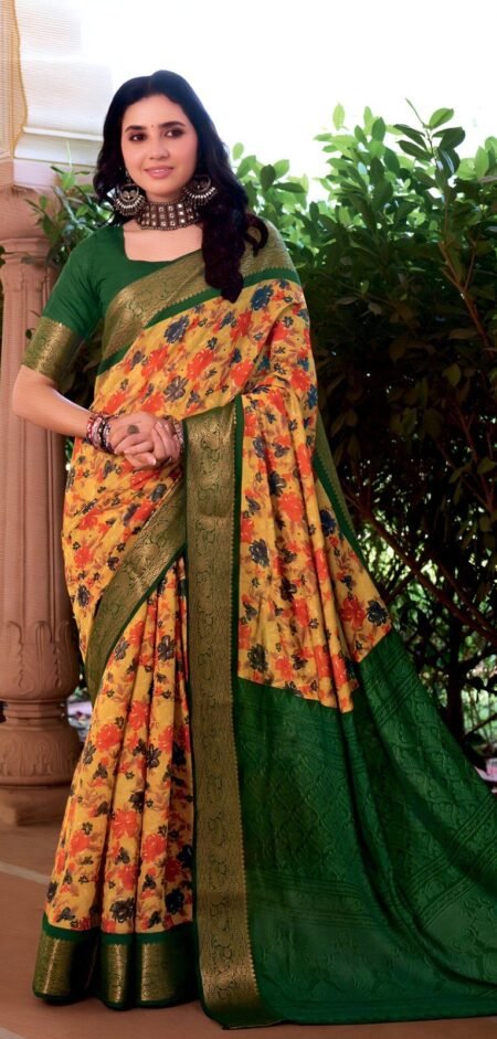Elegant Mustard Yellow & Green with Floral Prints & Zari Border