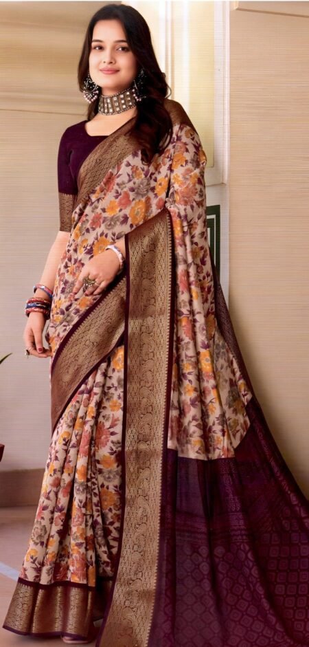 Elegant Beige Floral with Maroon Pallu & Zari Border.