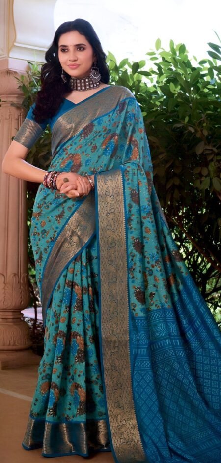 Elegant Teal Blue with Floral Weaves & Rich Zari Border