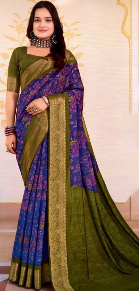 Elegant Royal Blue with Olive Green Zari Border & Floral Weaves