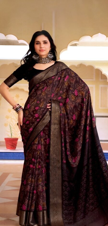 Elegant Dark Chocolate Brown with Floral Prints & Zari Border