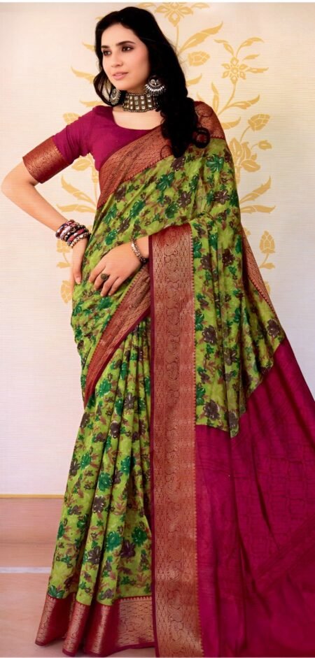 Elegant Lime Green Floral with Pink Pallu & Zari Border