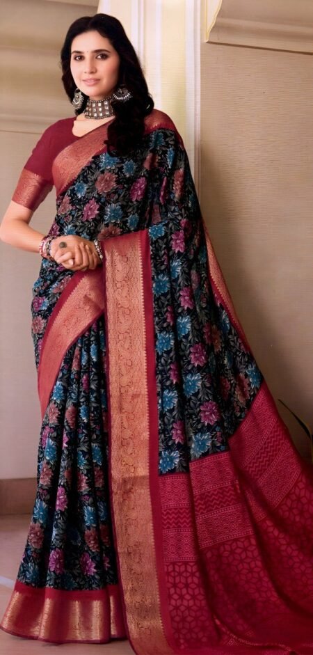 Elegant Black Floral with Red Zari Border & Pallu