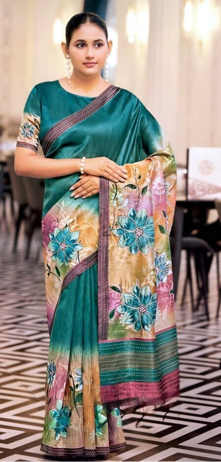 Elegant Teal Green Soft Silk with Artistic Floral Prints