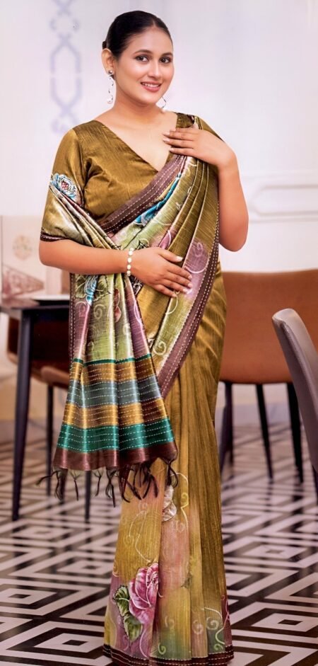 Elegant Olive Brown Soft Silk with Artistic Floral Prints