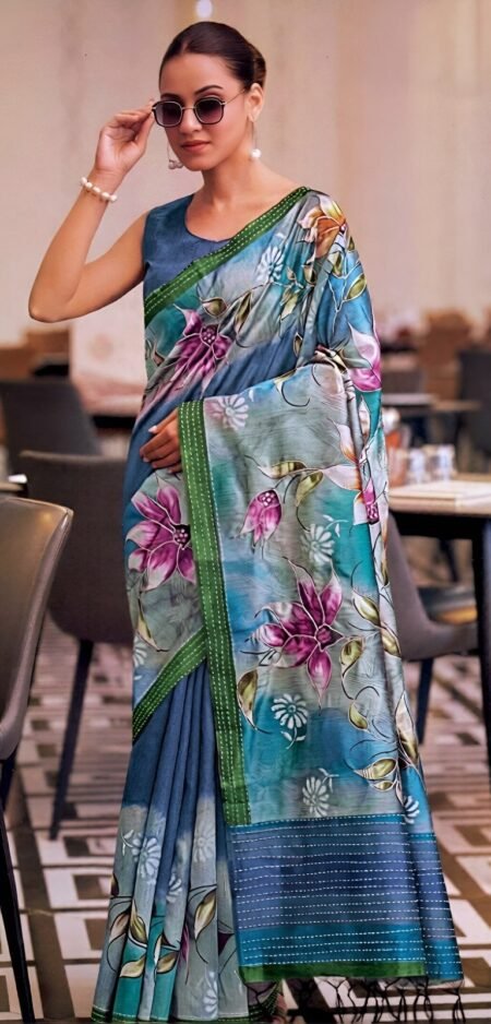 Elegant Teal Blue Soft Silk with Artistic Floral Prints