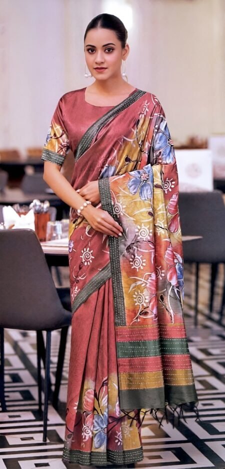 Rust Orange Soft Silk with Multicolor Artistic Floral Prints