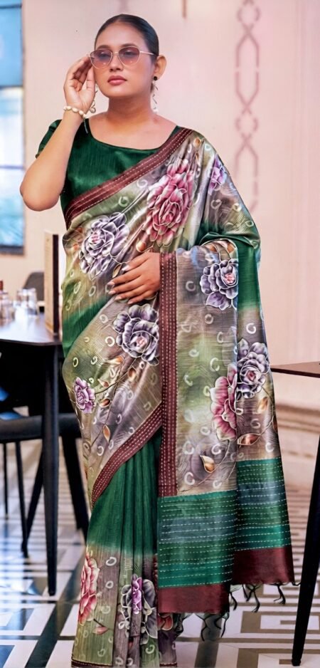 Emerald Green Soft Silk with Rose Floral Artistic Prints