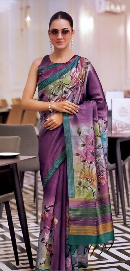 Royal Plum Soft Silk with Artistic Floral Prints & Contrast Border