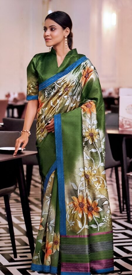 Olive Green Soft Silk with Floral Prints & Contrast Blue Border