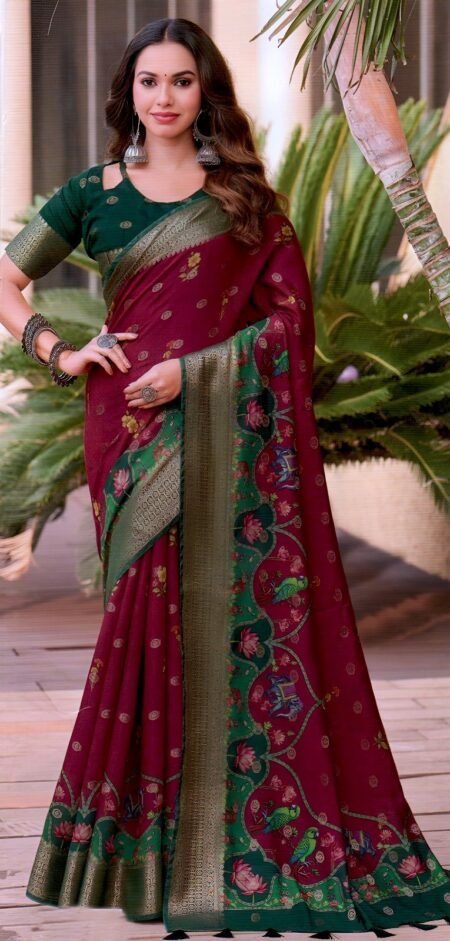 Rich Maroon Silk with Traditional Green Zari Border & Floral Motifs