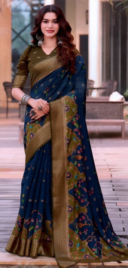 Royal Navy Blue Silk with Olive Green Zari Border & Traditional Motifs
