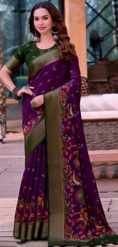 Royal Wine Purple Silk with Olive Green Zari Border & Peacock Motifs