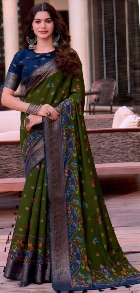Elegant Olive Green Silk with Navy Blue Zari Border & Bird Motifs