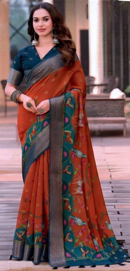 Rust Orange Silk with Teal Blue Zari Border & Bird Motif Design