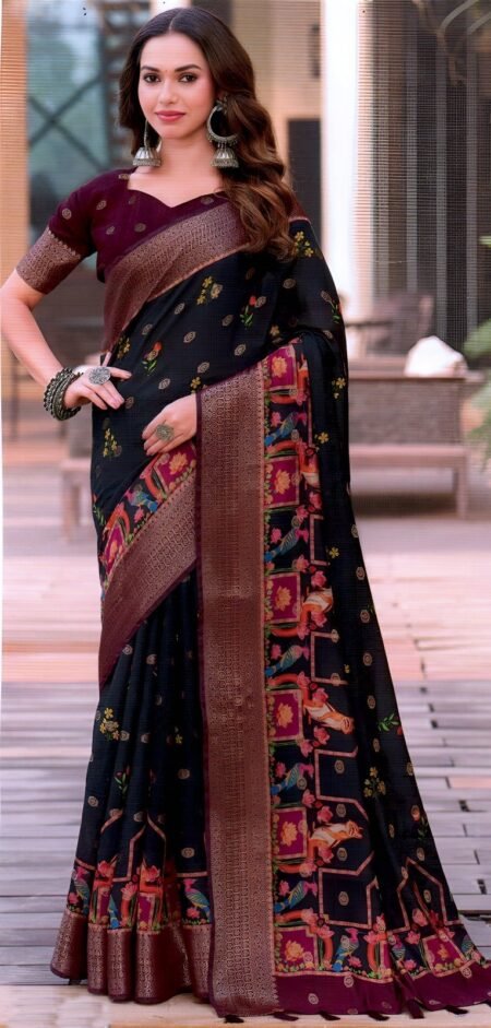 Classic Black Silk with Maroon Zari Border & Artistic Motif Design