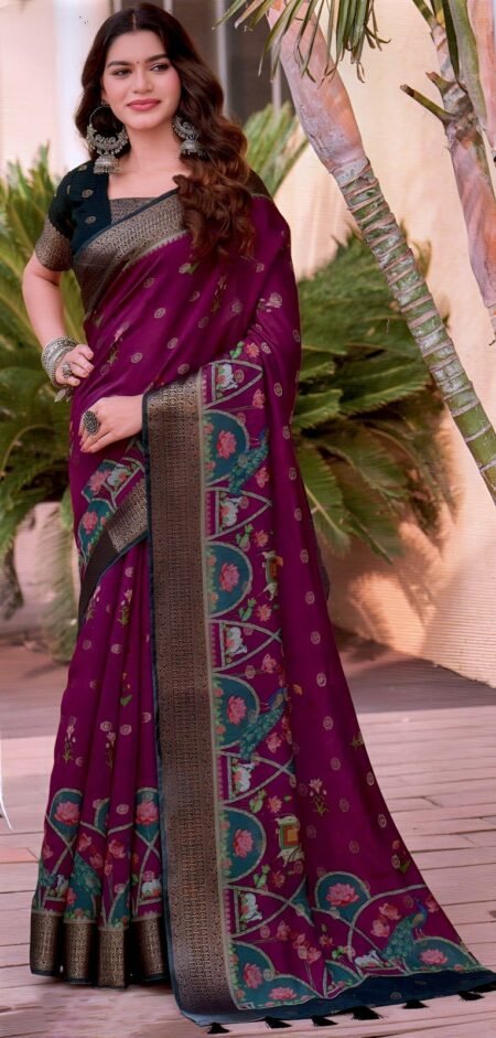 Royal Magenta Silk with Peacock Motif Border & Zari Weaving