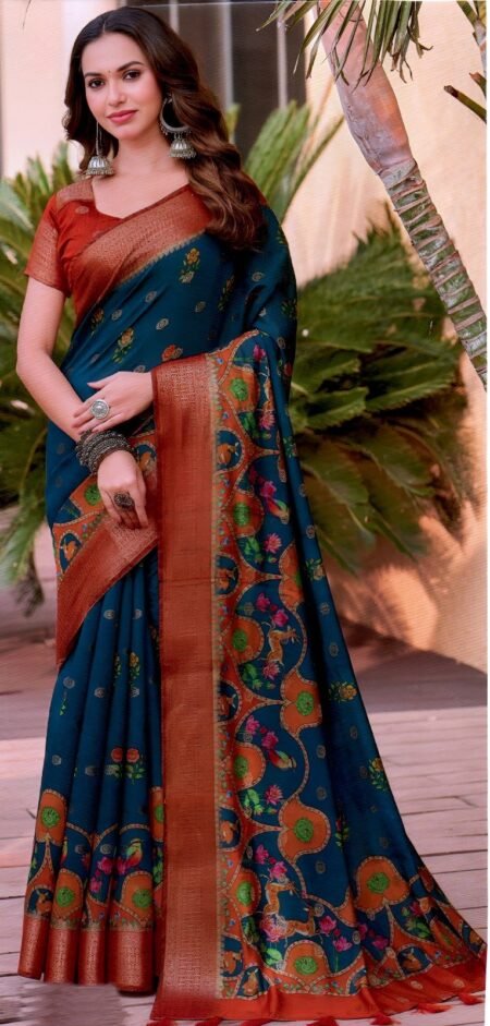 Elegant Teal Blue Silk with Rust Orange Zari Border & Artistic Motifs