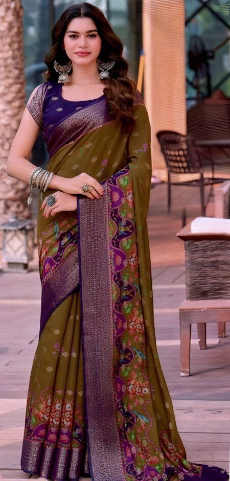 Olive Green Silk with Royal Purple Zari Border & Artistic Motifs