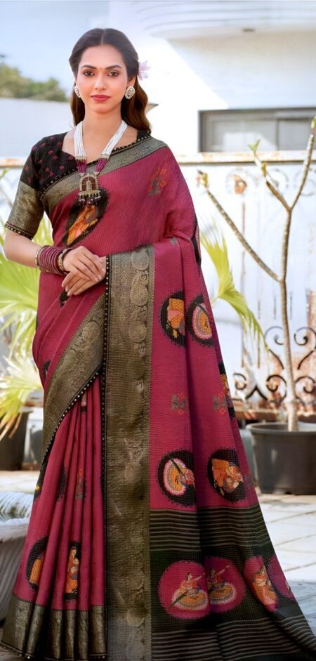 Rose Pink Silk with Black Zari Border & Artistic Dance Motifs