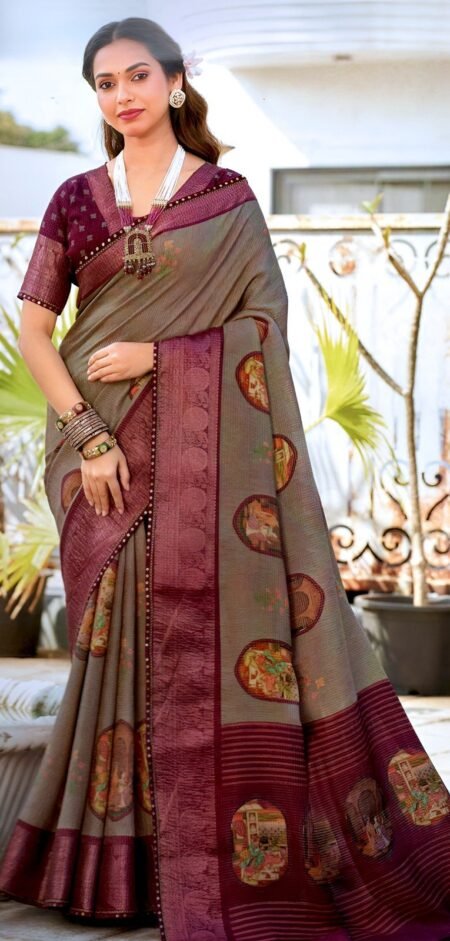Taupe Silk with Maroon Zari Border & Heritage Motifs