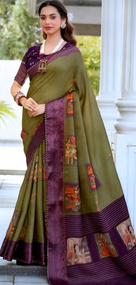 Olive Green Silk with Royal Purple Zari Border & Heritage Motifs
