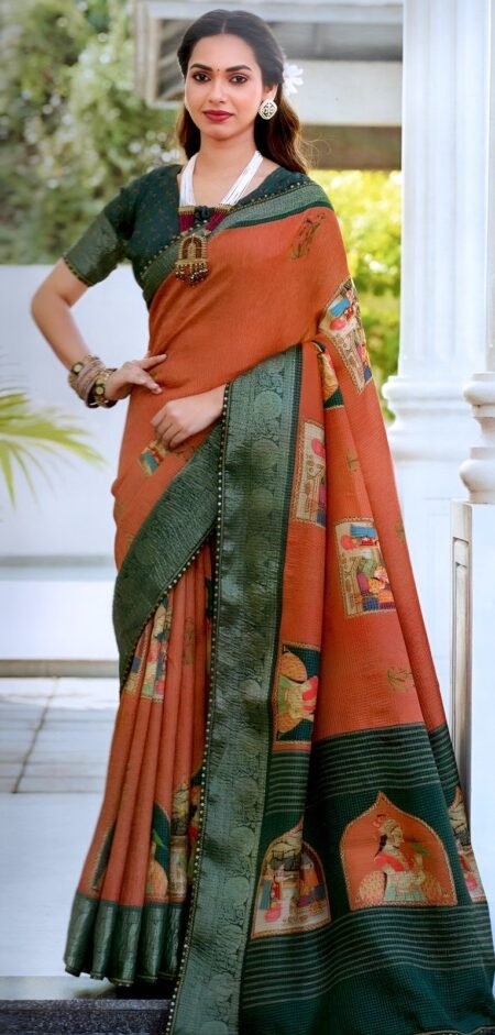 Rust Orange Silk with Deep Green Zari Border & Heritage Motif Pallu