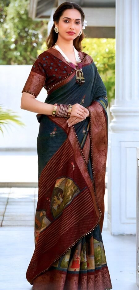 Bottle Green Silk with Maroon Zari Border & Heritage Art Pallu