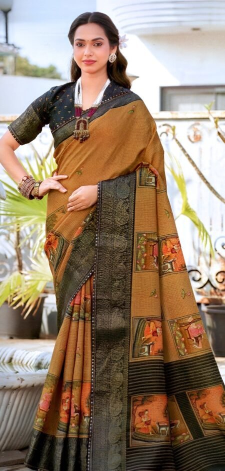 Mustard Gold Silk with Black Zari Border & Heritage Story Motifs