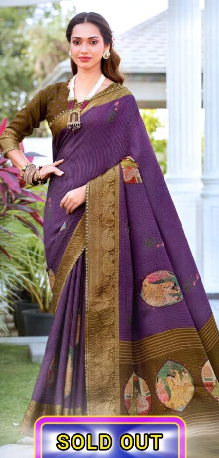 Royal Purple Silk with Antique Gold Zari Border & Cultural Motifs