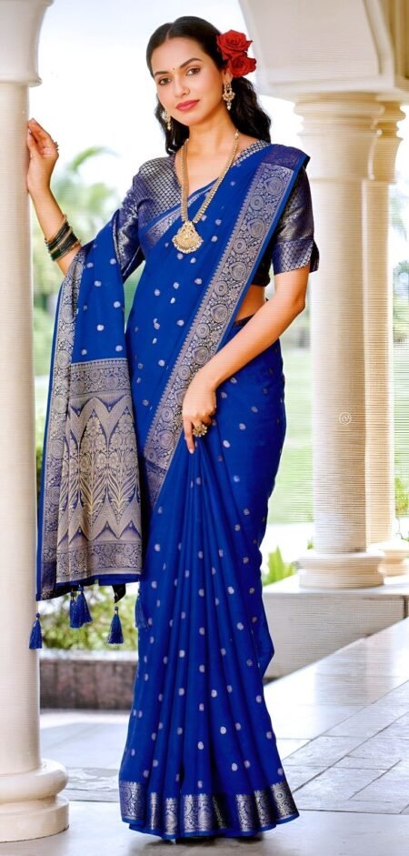 Royal Blue Silk Saree with Silver Zari Butti & Ornate Border