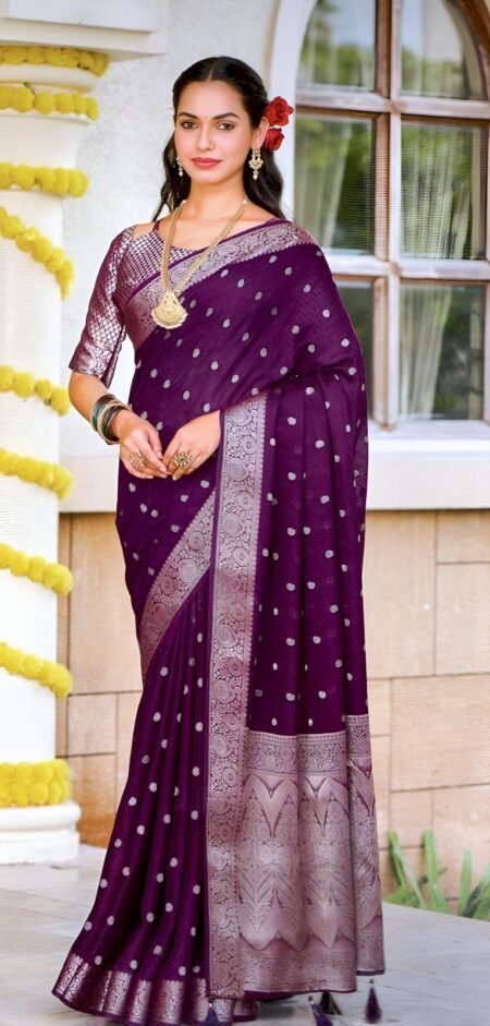 Elegant Plum Purple Silk Saree with Silver Zari Butti & Rich Border