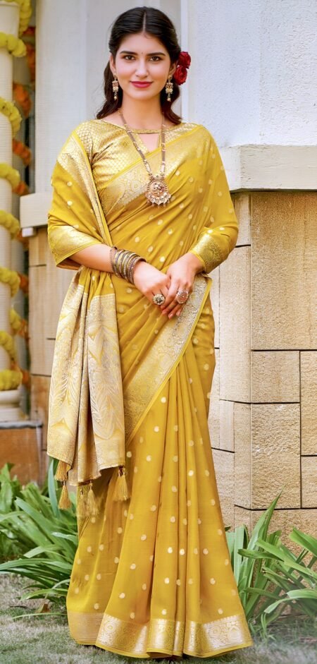 Elegant Mustard Yellow Silk Saree with Gold Zari Butti & Rich Border
