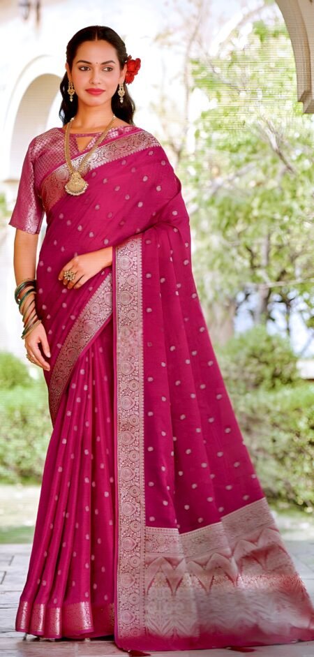 Elegant Rani Pink Silk Saree with Silver Zari Butti & Ornate Border