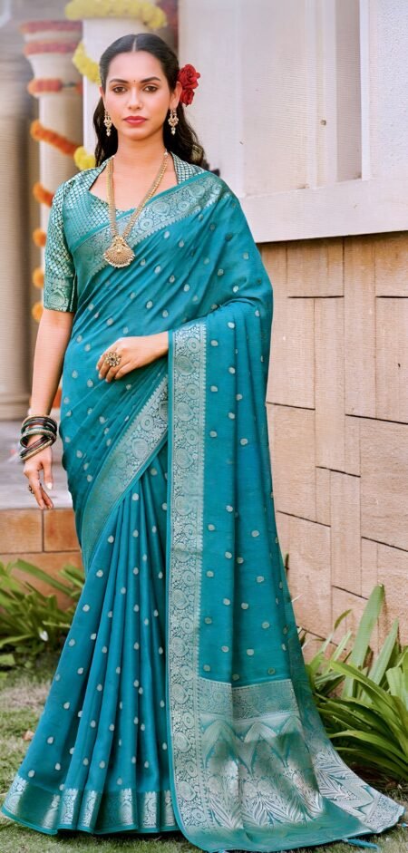 Elegant Teal Green Silk Saree with Silver Zari Butti & Rich Border