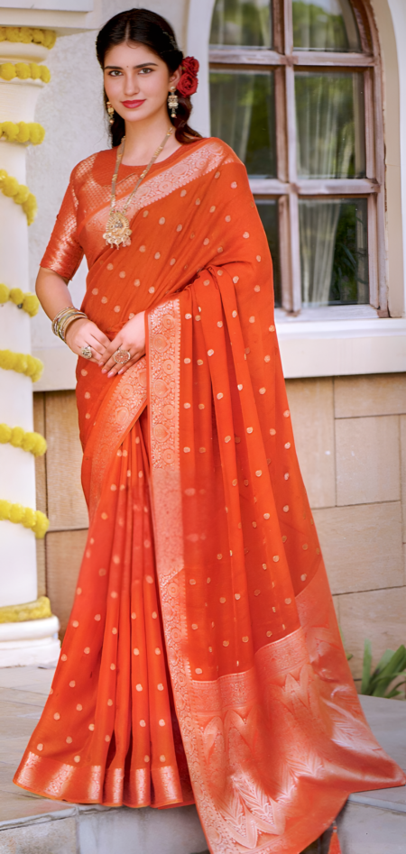 Vibrant Orange Silk Saree with Gold Zari Butti & Rich Border