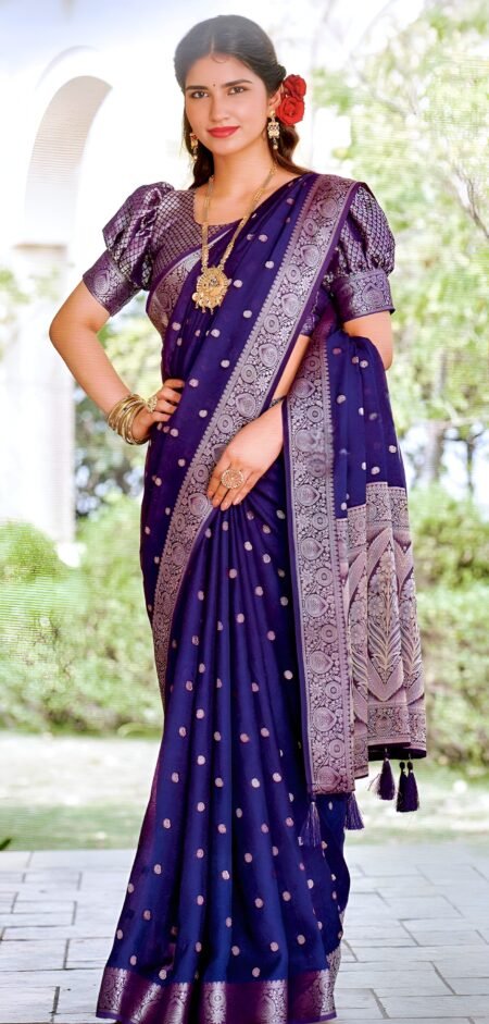 Elegant Navy Blue Silk Saree with Silver Zari Butti & Designer Border